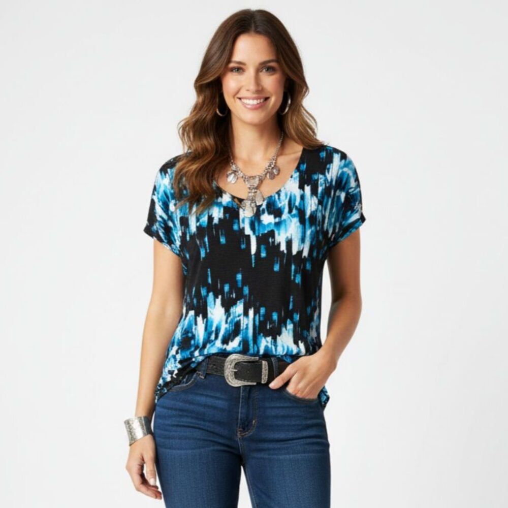 Derek Lam Blue & Black Print Short Sleeve Tee T Shirt Top M